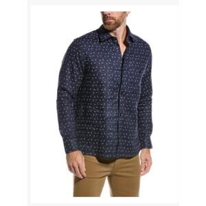 TED BAKER Blue Arnel 100% Linen Long Sleeve Geometric Pattern Button Up 5 LARGE